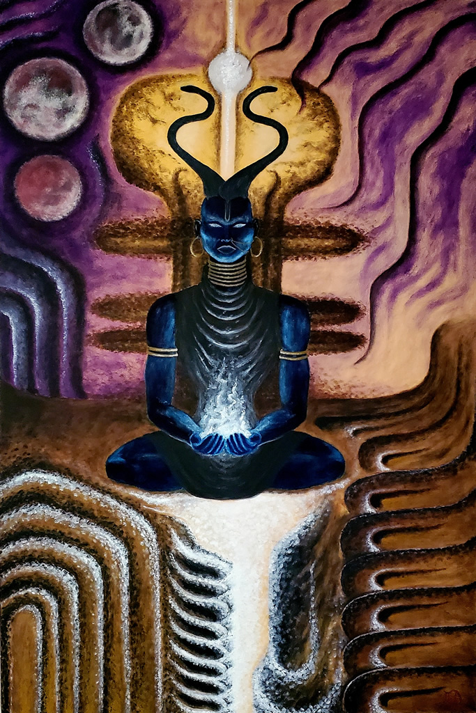 Patron saint of rebirth oil on wood, 24 x 36 inches, 2018